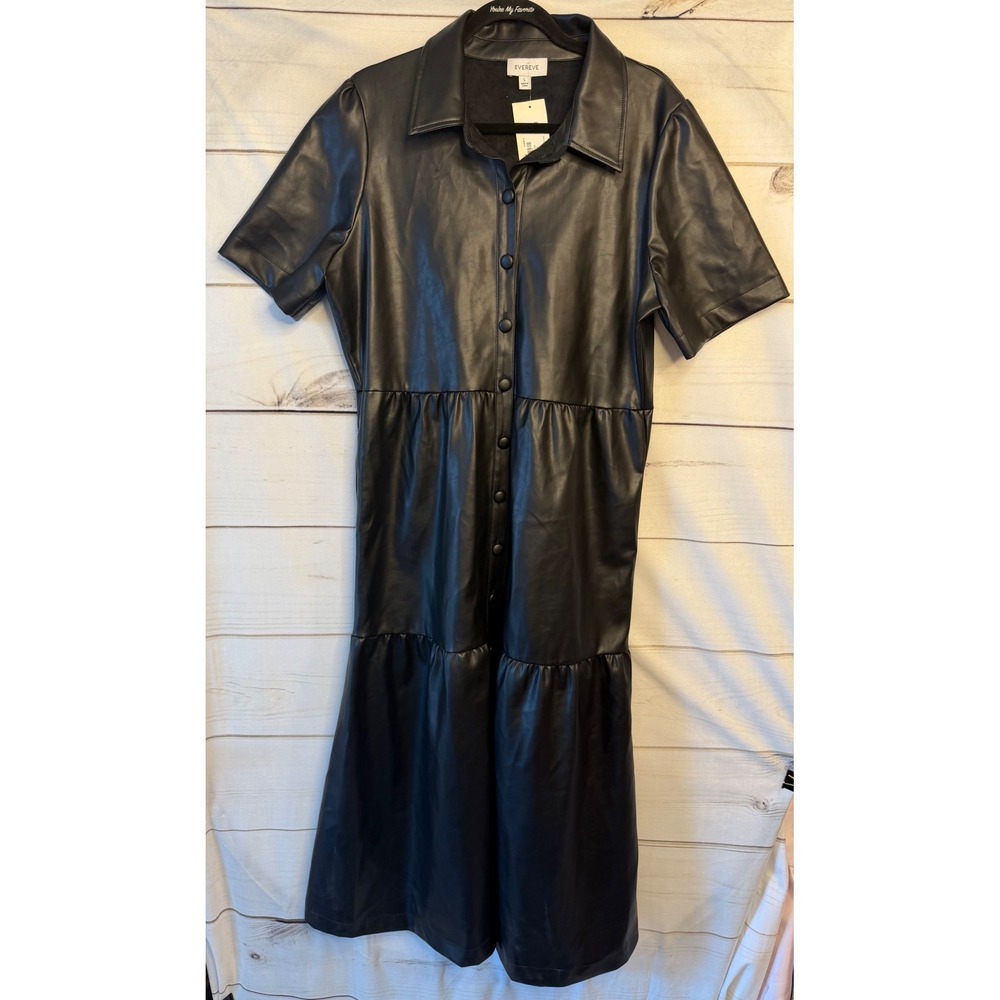 Evereve Elliott Tiered Dress Black Faux Leather Midi Button Front EF24-3152W-CPW
